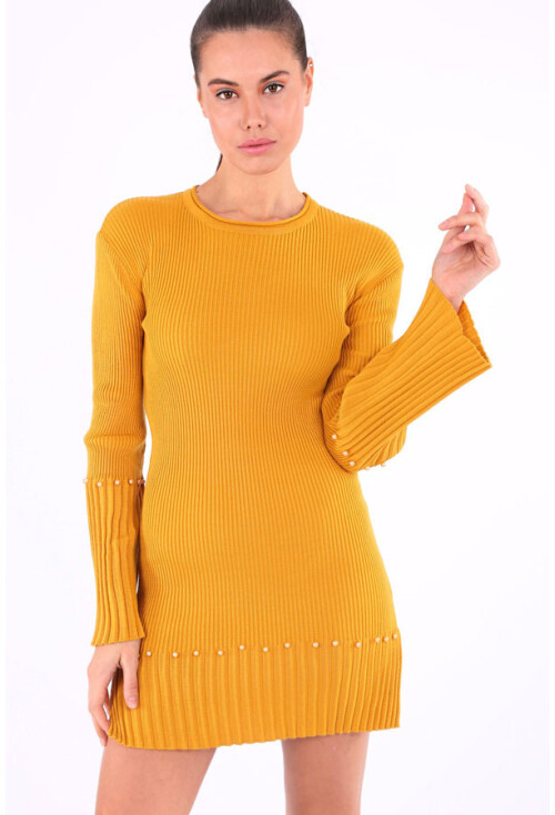 15714 Kol Ve Etek Ucu İnci Detaylı Triko Tunik