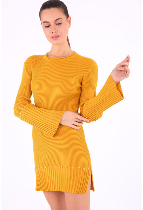 15714 Kol Ve Etek Ucu İnci Detaylı Triko Tunik