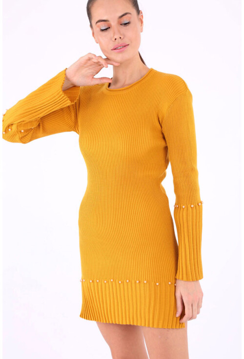 15714 Kol Ve Etek Ucu İnci Detaylı Triko Tunik