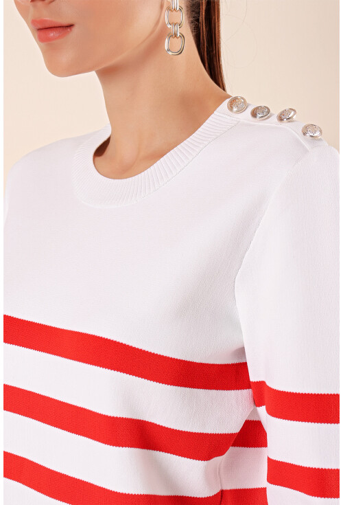 15820 Düğme Detay Çizgili Kazak