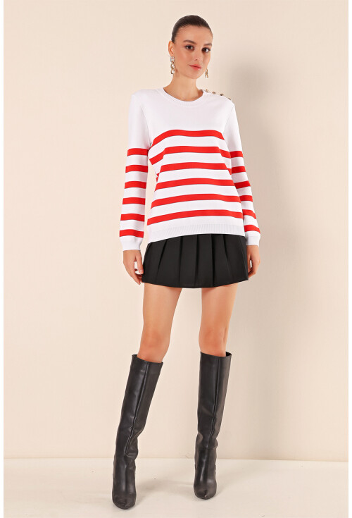 15820 Düğme Detay Çizgili Kazak