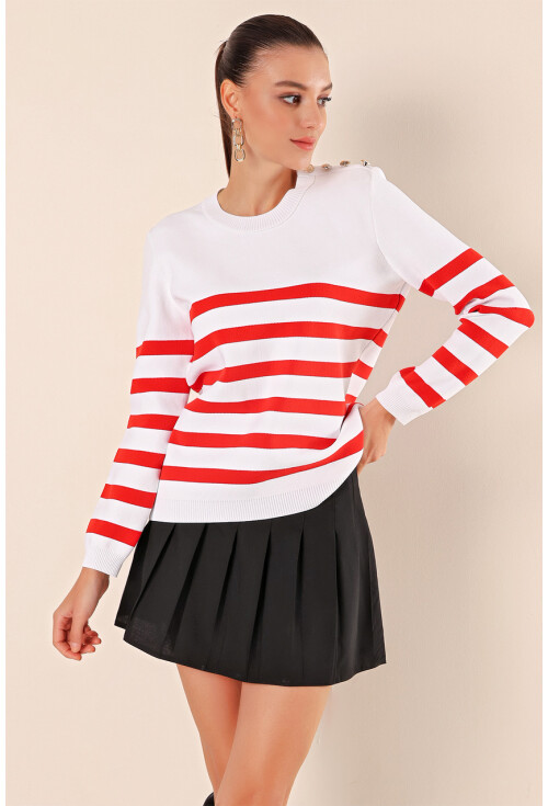 15820 Düğme Detay Çizgili Kazak