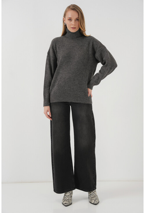 15917 Kadın Balıkçı Yaka Oversize Triko Kazak