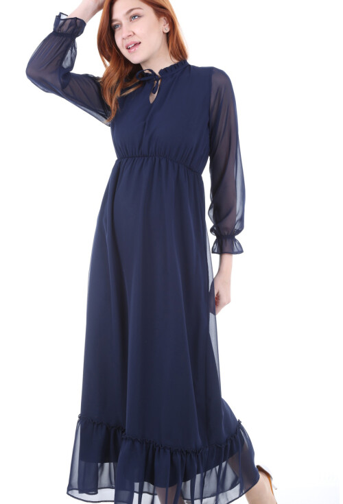 1631 Bel Lastik Desenli Şifon Elbise