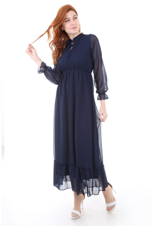 1631 Bel Lastik Desenli Şifon Elbise