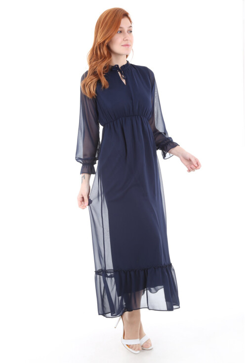 1631 Bel Lastik Desenli Şifon Elbise