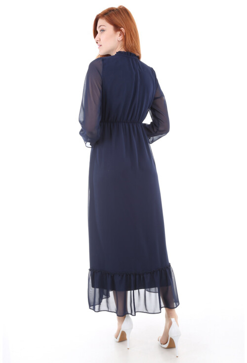 1631 Bel Lastik Desenli Şifon Elbise