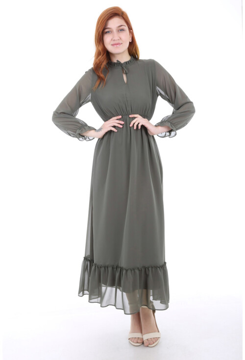1631 Bel Lastik Desenli Şifon Elbise