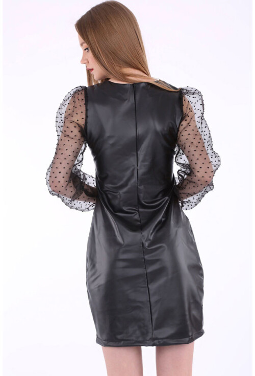 1738 Balon Kol Suni Deri Elbise