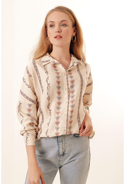 20125 Desenli Oversize Keten Gömlek