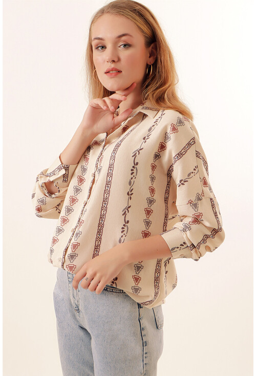 20125 Desenli Oversize Keten Gömlek
