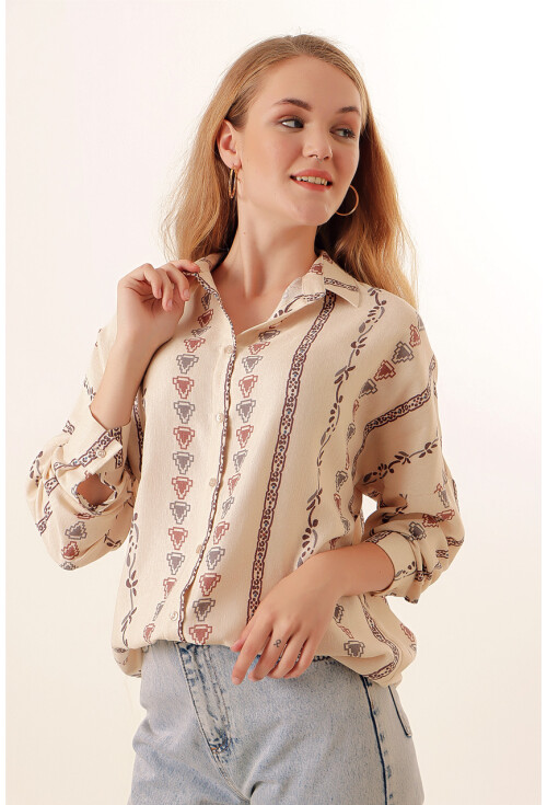 20125 Desenli Oversize Keten Gömlek