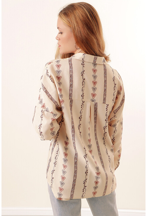 20125 Desenli Oversize Keten Gömlek