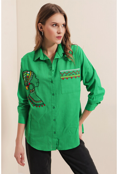 20131 Nakışlı Oversize Keten Gömlek