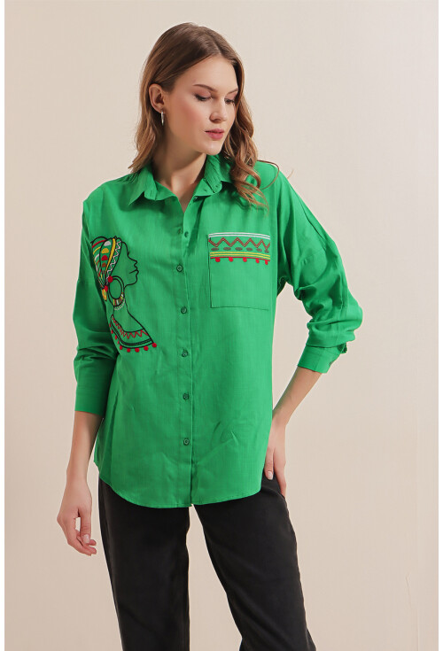 20131 Nakışlı Oversize Keten Gömlek