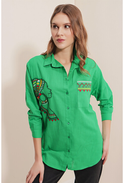 20131 Nakışlı Oversize Keten Gömlek