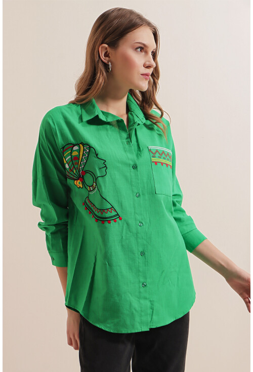 20131 Nakışlı Oversize Keten Gömlek