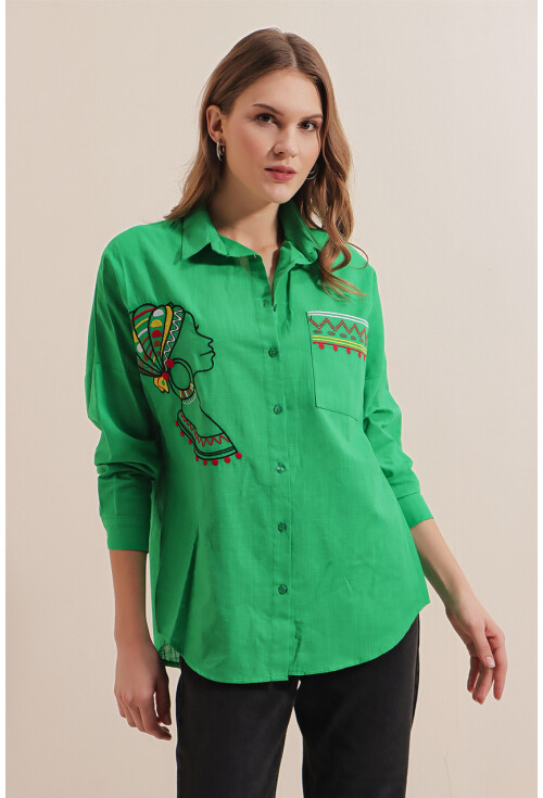 20131 Nakışlı Oversize Keten Gömlek