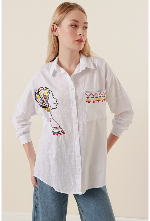 20131 Nakışlı Oversize Keten Gömlek