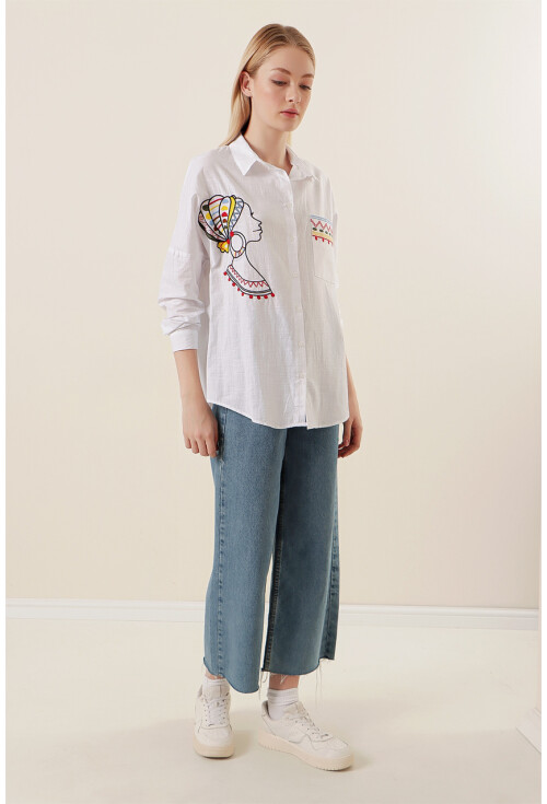 20131 Nakışlı Oversize Keten Gömlek