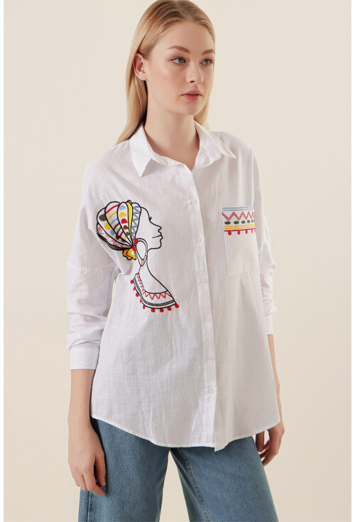 20131 Nakışlı Oversize Keten Gömlek