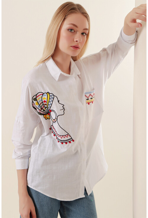 20131 Nakışlı Oversize Keten Gömlek