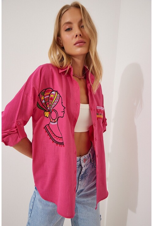 20131 Nakışlı Oversize Keten Gömlek