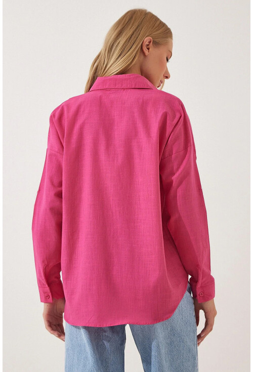 20131 Nakışlı Oversize Keten Gömlek