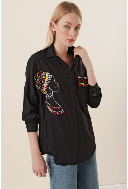 20131 Nakışlı Oversize Keten Gömlek
