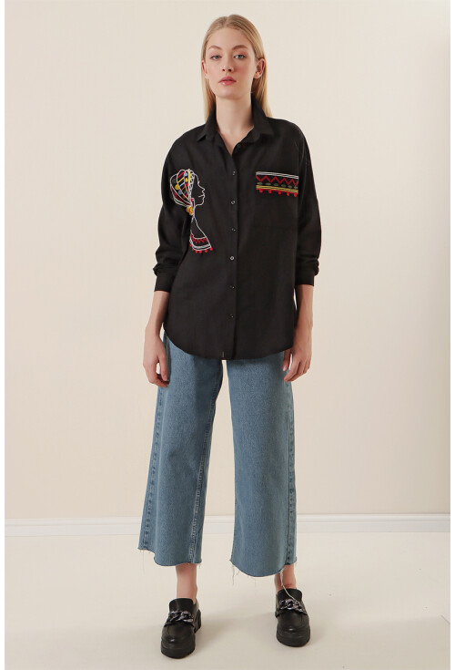 20131 Nakışlı Oversize Keten Gömlek