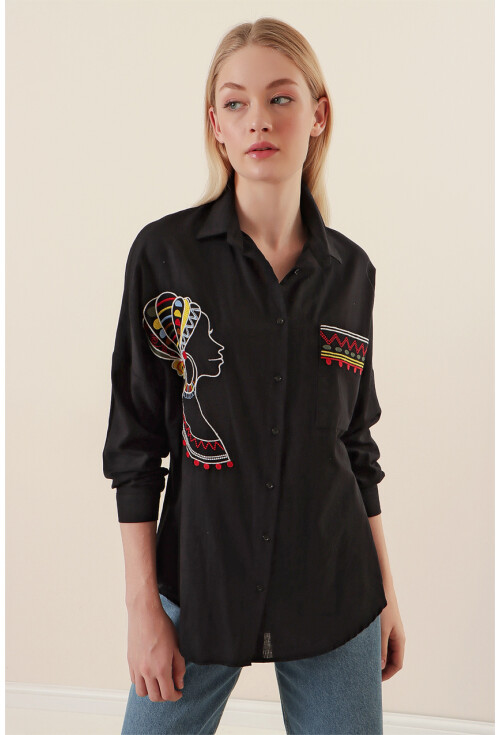 20131 Nakışlı Oversize Keten Gömlek