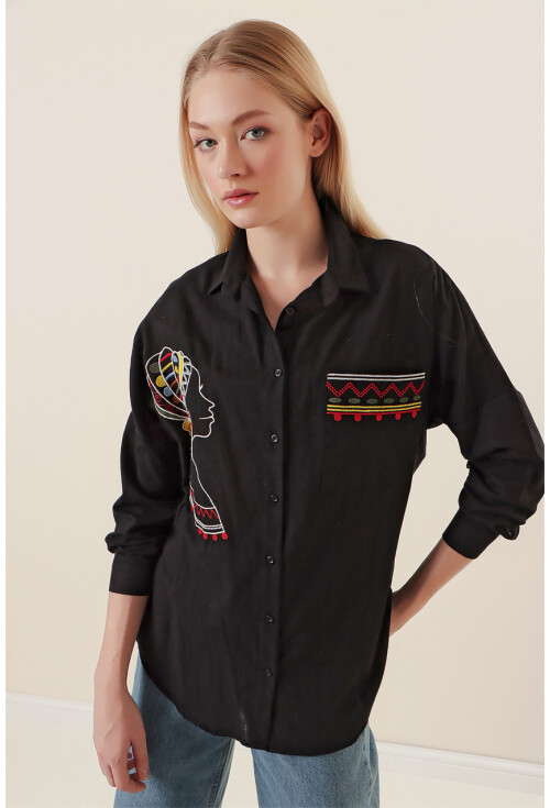 20131 Nakışlı Oversize Keten Gömlek