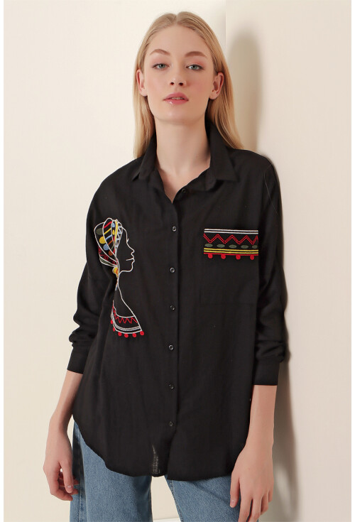 20131 Nakışlı Oversize Keten Gömlek