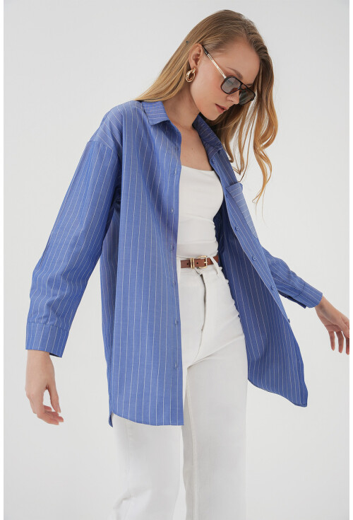 20217 Cep Detaylı Çizgili Oversize Gömlek
