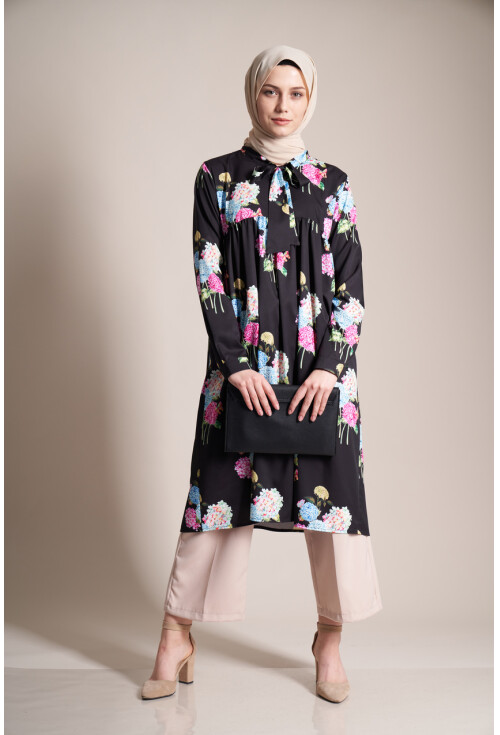 2161 Ortanca Çiçek Desen Tesettür Tunik
