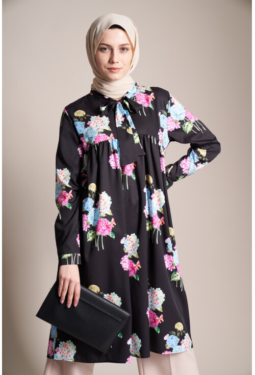 2161 Ortanca Çiçek Desen Tesettür Tunik