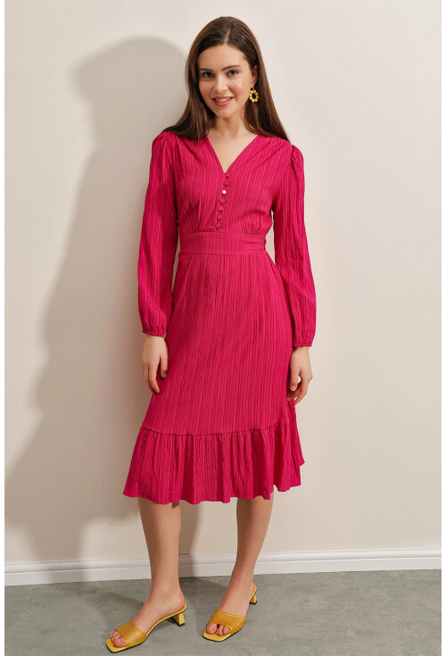 2371 Volanlı Dokuma Elbise