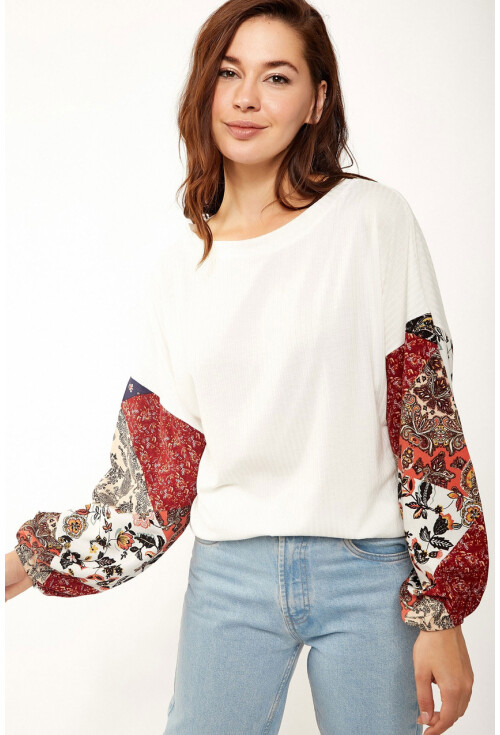 2888 Desenli Balon Kol Likralı Bluz