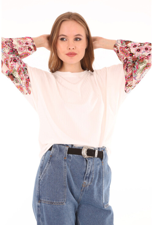 2888 Desenli Balon Kol Likralı Bluz