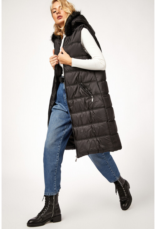 10233 Kapşonlu Kürklü Şişme Yelek