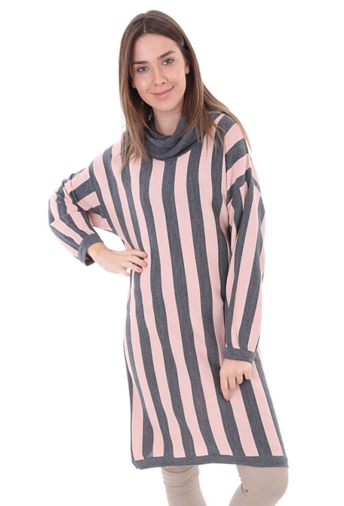 15606 Çizgili Boğazlı Triko Tunik