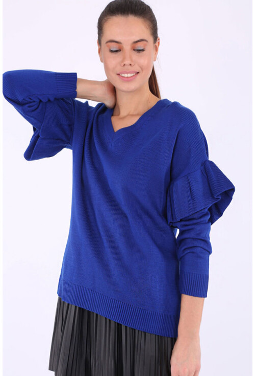 15627 V Yaka Kolları Fırfırlı Triko Kazak