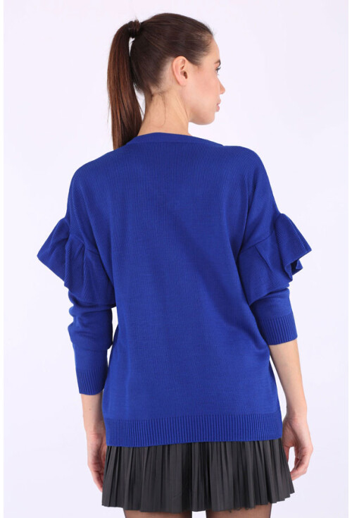 15627 V Yaka Kolları Fırfırlı Triko Kazak