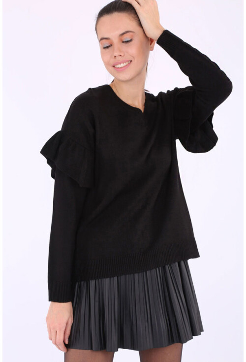 15627 V Yaka Kolları Fırfırlı Triko Kazak