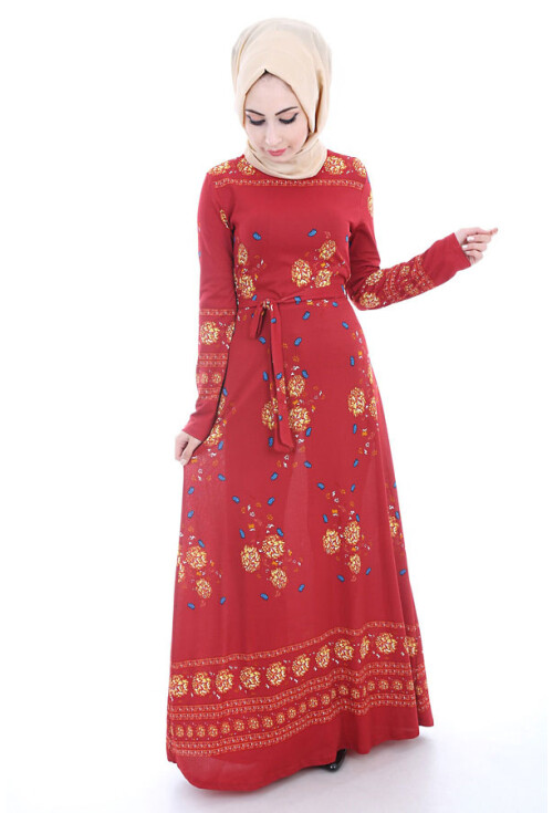 1568 Belden Kuşaklı Desenli Tesettür Elbise