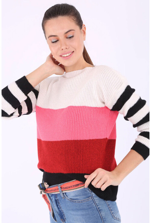 15707 Çok Renkli Kayık Yaka Triko Kazak