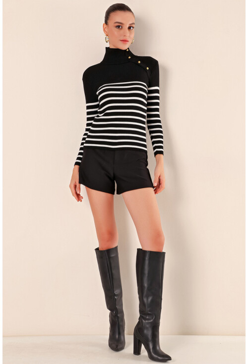 15818 Düğmeli Çizgili Kazak