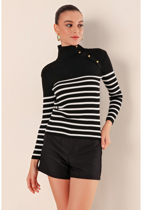 15818 Düğmeli Çizgili Kazak