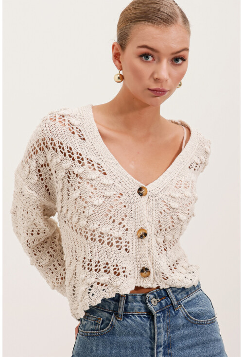 15851 Ajurlu/Delikli Oversize Hırka