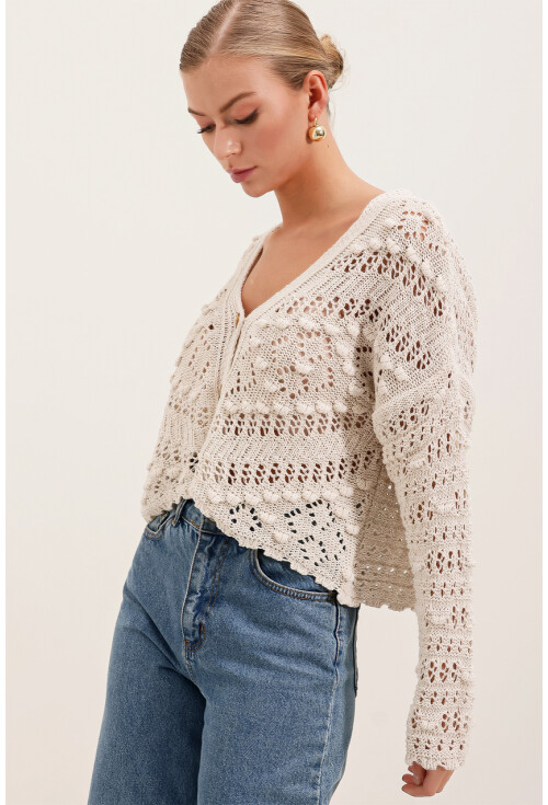 15851 Ajurlu/Delikli Oversize Hırka